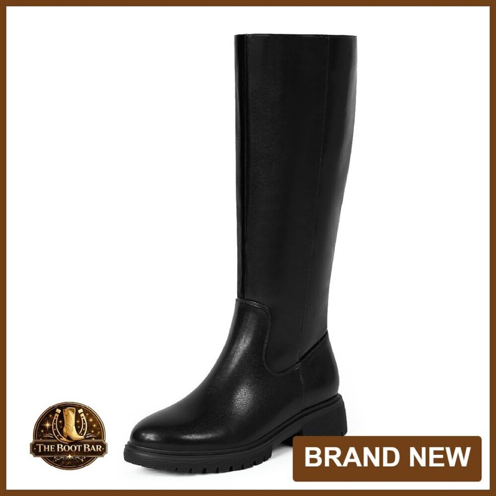 Women's Knee High Boots Round Toe Chunky Platform Side Zipper Flat Heel